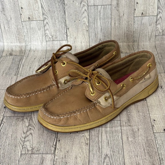 Sperry Top Sider Women's 9.5 M Boat Shoes Tan Leather Lace Up Slip On Moccasins - Picture 3 of 9